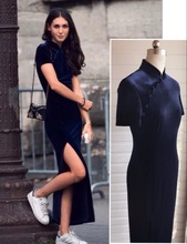 JULEE定制藏蓝丝绒修身旗袍改良旗袍丝绒连衣裙可配小白鞋