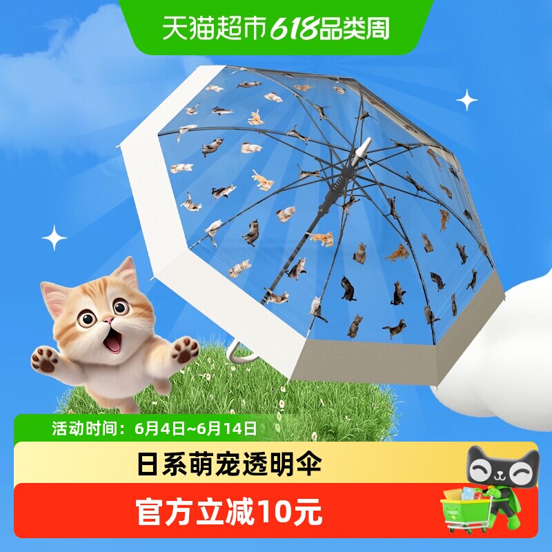 天玮伞业日系网红氛围感透明雨伞猫狗萌趣伞高颜值男女长柄伞