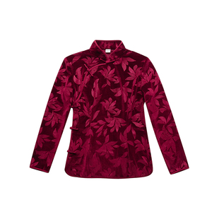 龙妙秋冬 丝绒旗袍上衣日常复古盘扣打底衫斜襟大襟中式女装 酒红