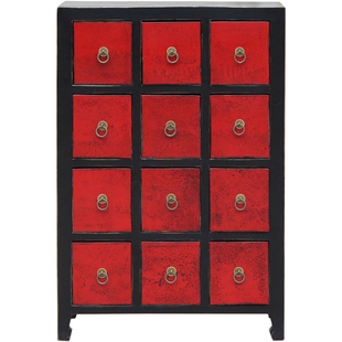 新古典复古做旧黑红抽屉定木制家具首饰收纳储物玄关门厅12斗柜子