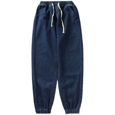 春秋季ins潮流纯色抽绳牛仔裤宽松阔腿裤简约百搭哈伦裤男束脚裤