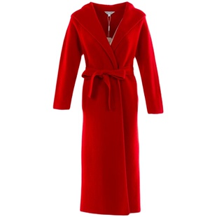 白领秋冬女士大红羊毛强缩绒带帽领系带长袖长开衫YMRONG20-801