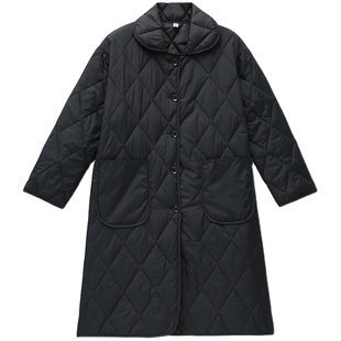 轻薄羽绒棉女2025秋冬新品中长款菱形格娃娃领宽松大码单排扣棉服