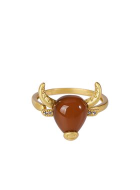 南红玛瑙本命年生肖牛镀金戒指