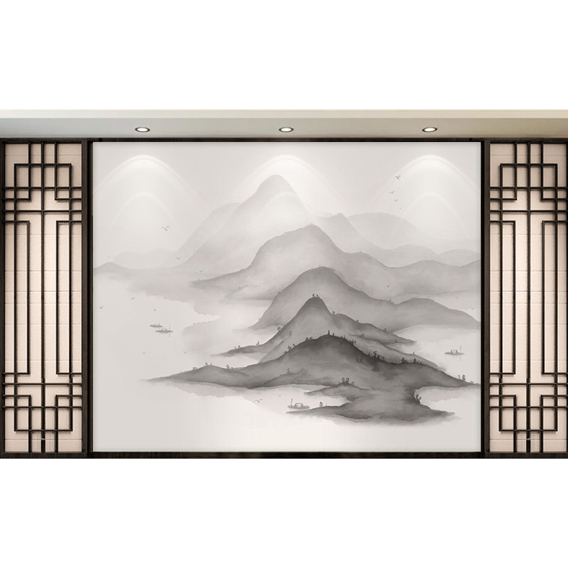 电视背景墙壁纸现代中式写意水墨定制壁画