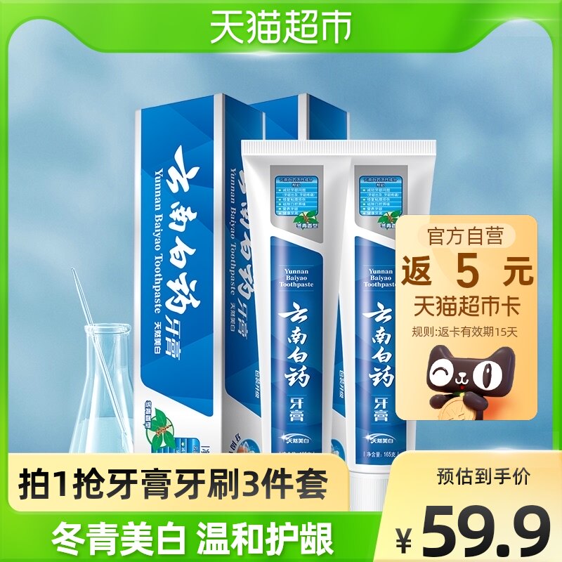 云南白药牙膏冬青香型家庭装165g*2去黄牙垢去口气清新美白护牙龈