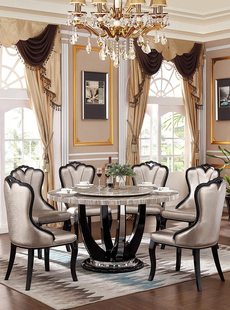 黑色大理石圆桌餐桌椅组合轻奢圆形饭家用酒店餐厅桌酒店餐台 欧式