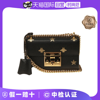 【自营】中古99新GUCCI/古驰黑色皮质Padlock系列中号女士单肩包