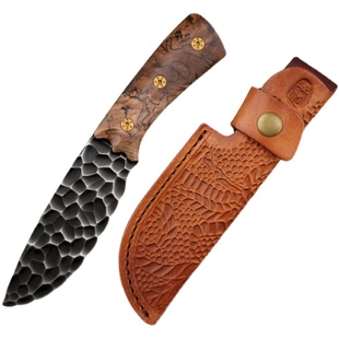 收藏小猎刀随身防身户外运动装备龙晶锻打D2手工真皮套头层牛皮套
