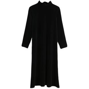 高端金丝绒连衣裙子中长款春秋冬季大码胖mm宽松a字高立领打底裙