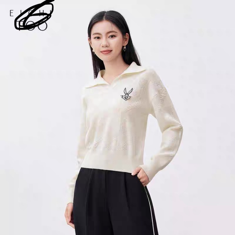 爱JU兔polo领针织衫女春装新品长袖提花气质上衣宽松毛衣显瘦百搭