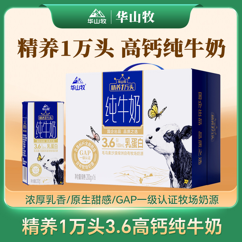 华山牧精养3.6g蛋白纯牛奶200g x16盒早餐牛奶整箱高钙纯牛奶