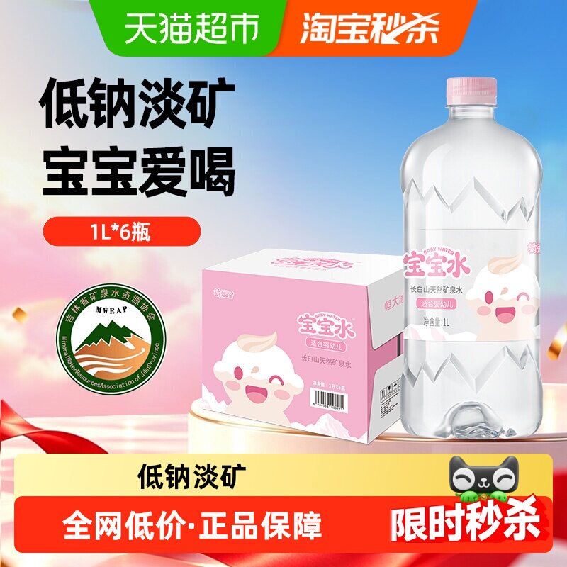 恒大冰泉婴儿水天然矿泉水宝宝水冲奶专用水婴幼儿整箱1L*6瓶