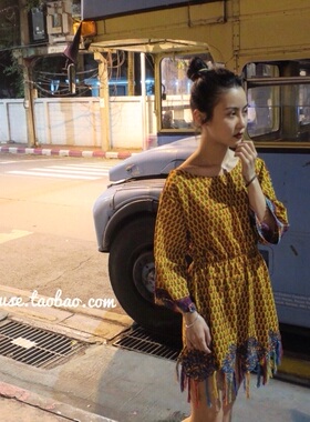 Thailand#handmade泰国手工面料产地印度旅行裙连衣裙短裙黄色花