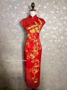 新中式 大红色真丝纯手工苏绣盘金绣凤凰复古连衣裙旗袍新娘敬酒服