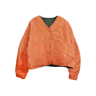 现货韩国2026春秋季橙色短款薄款洋气军绿色两面穿棉服棉衣外套