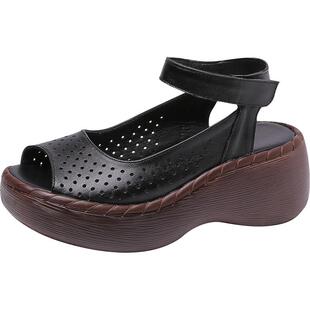 2025夏季新款厚底坡跟高跟牛皮镂空女鞋皮鞋鱼嘴松糕女士皮凉鞋女