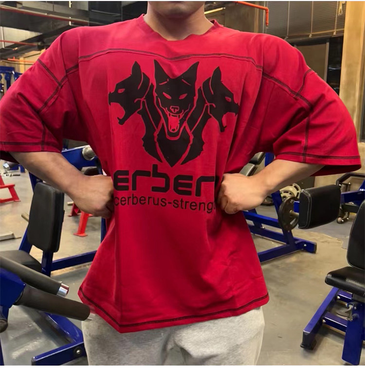 CERBERUS HALF FIVE-SLEEVE FITNESS EXERCISE LOOSE SHORT SLEEVE T-SHIRT [EUROPEAN AND AMERICAN SIZE]