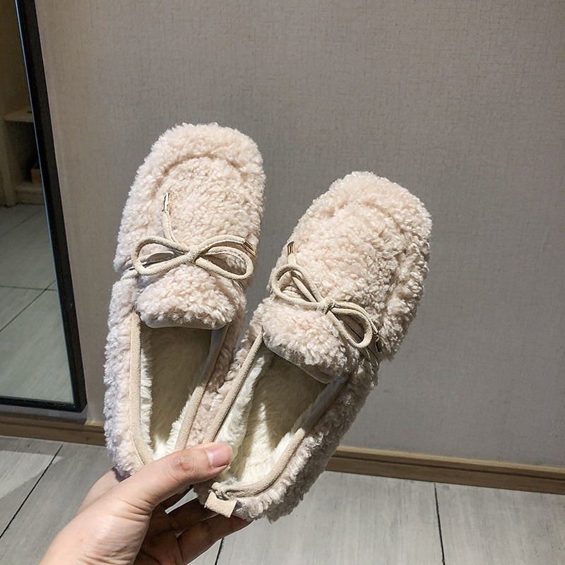 2021新款韩版秋冬女鞋网红平底豆豆鞋女百搭时尚休闲毛毛加绒单鞋