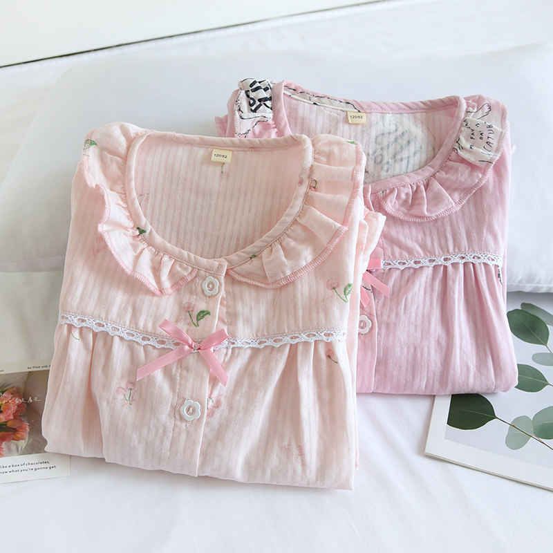 女童纯棉纱布长袖睡衣套春夏薄款