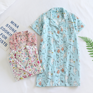 薄纯棉纱布女童短袖 可爱卡通儿童夏季 睡裙宝宝翻领全棉亲子家居裙