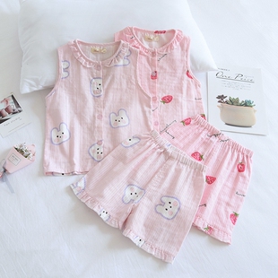 儿童夏季薄款纯棉纱布无袖短裤背心粉色草莓家居服女童亲子睡衣套
