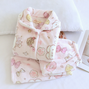 kaka秋冬儿童加厚法兰绒睡衣套女童珊瑚绒公主开衫 家居服亲子装