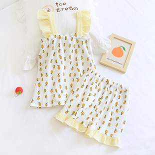 薄纯棉起皱纱布女孩吊带短裤 儿童夏季 家居服清新甜美水果宝宝睡衣