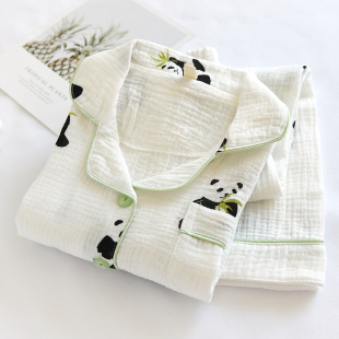 儿童春秋夏薄纯棉纱布睡衣棉纱女童男孩可爱熊猫全棉空调服家居服