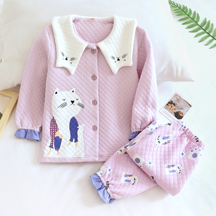 设计师儿童秋冬纯棉空气层女童睡衣套装 加厚夹层紫猫咪翻领家居服