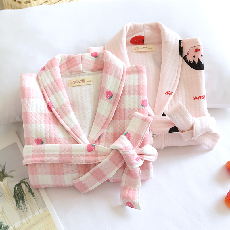 女童春秋纯棉空气层全棉系扣睡袍