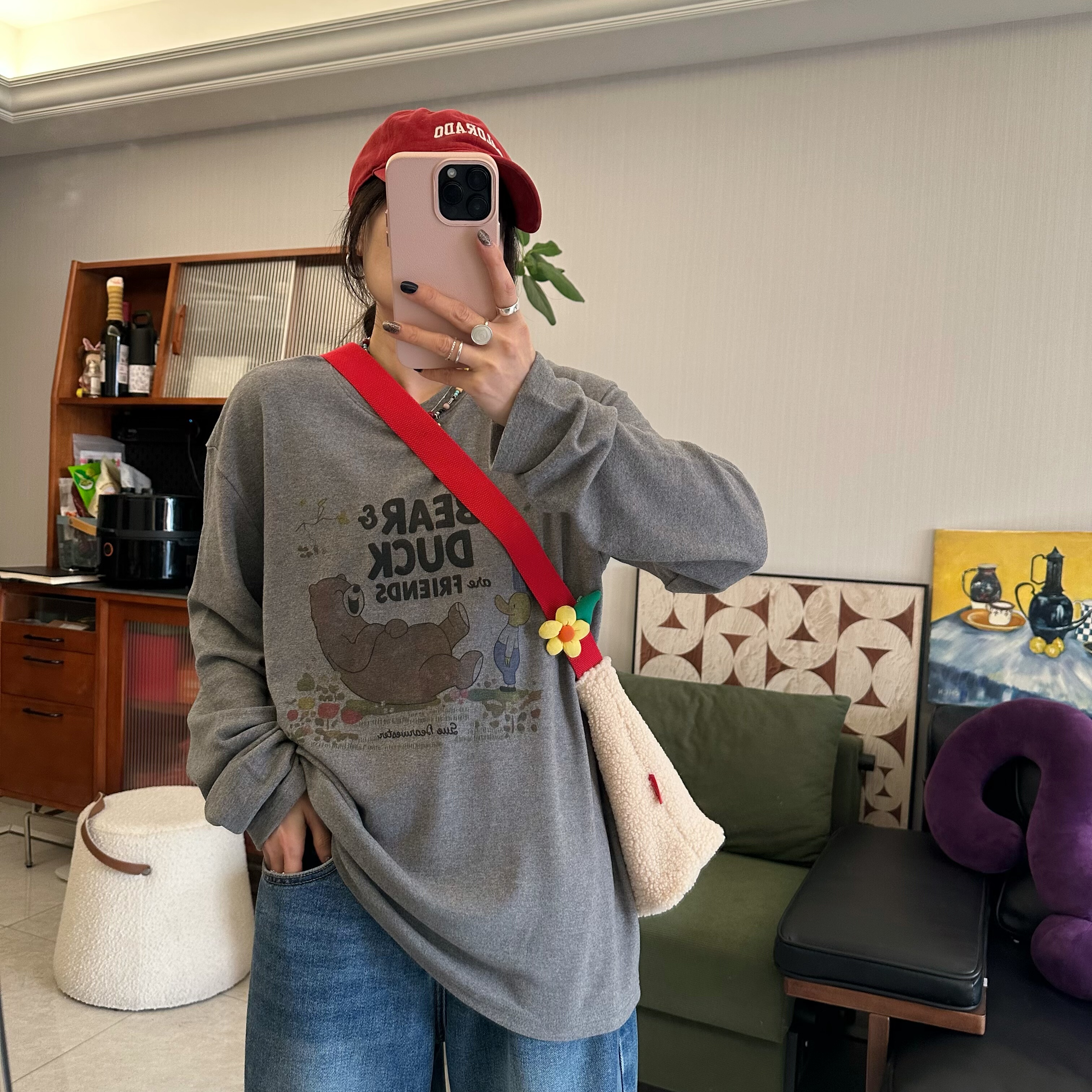 25Ann studio2025韩版时尚休闲百搭宽松小熊卡通印花圆领长袖T