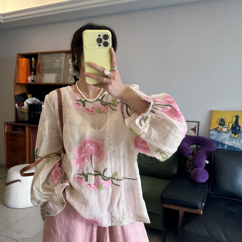 25Ann studio韩版时尚休闲百搭宽松圆领刺绣国风苎麻衬衫女上衣