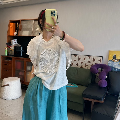 25Ann studio韩版时尚百搭宽松显瘦蕾丝拼接短袖白色T恤女配披肩