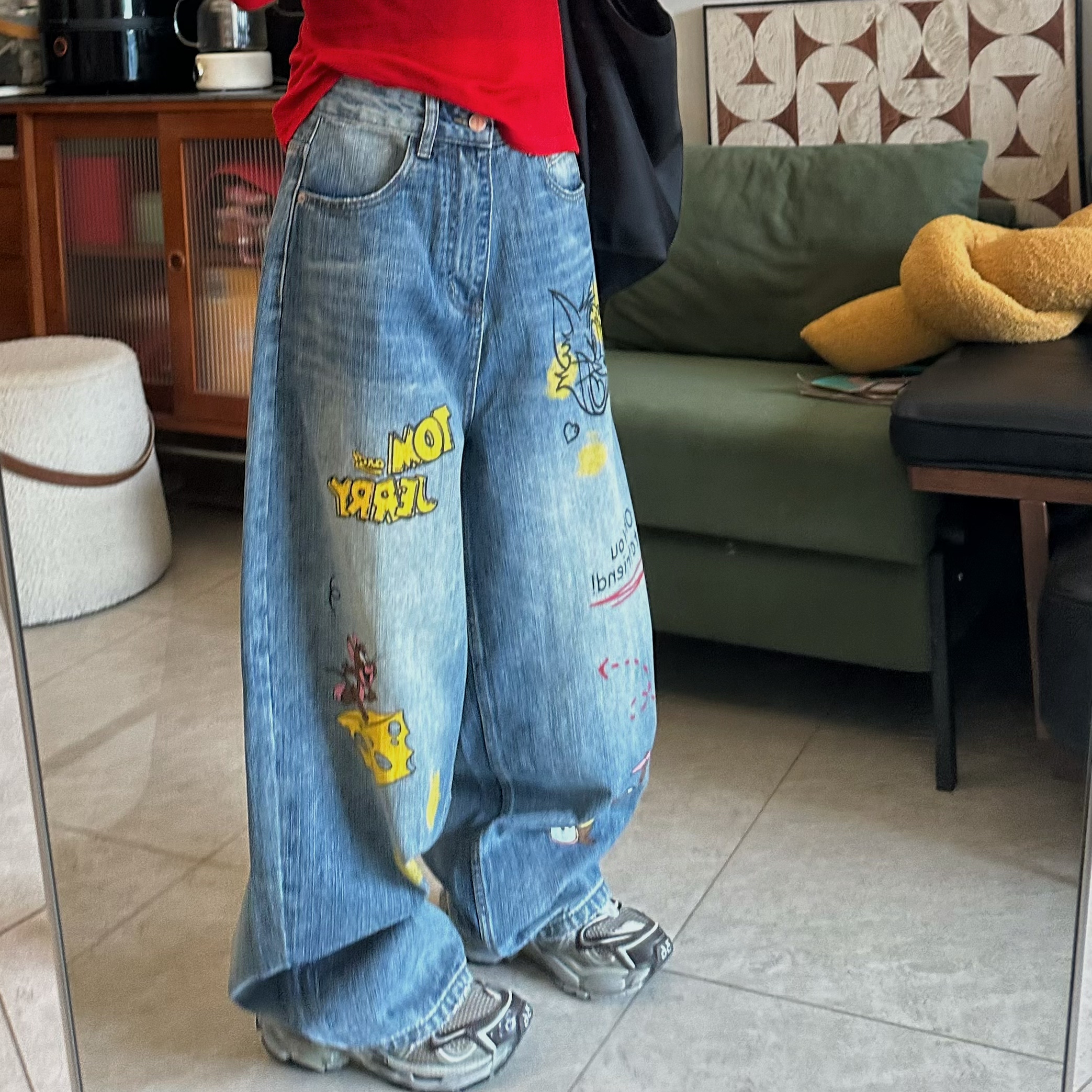 25Ann studio2026韩版时尚休闲百搭宽松卡通印花弯刀阔腿牛仔裤