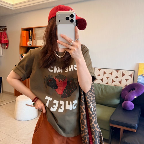 25Ann studio韩版时尚休闲百搭宽松显瘦圆领短袖草莓印花T恤女