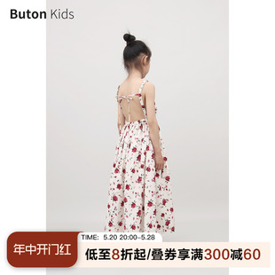 Buton 全棉浪漫吊带裙亲子装 新款 Kids女童复古玫瑰露背连衣裙夏季