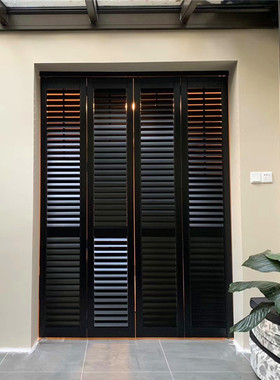 圣德科黑色实木百叶门透气窗现代工业风阳台衣帽间折叠推拉门吊轨