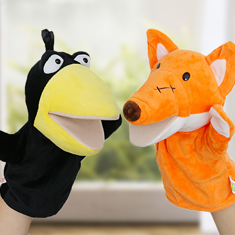 乌鸦狐狸手偶玩具嘴巴能动教具腹语动物手套互动娃娃乌鸦喝水道具