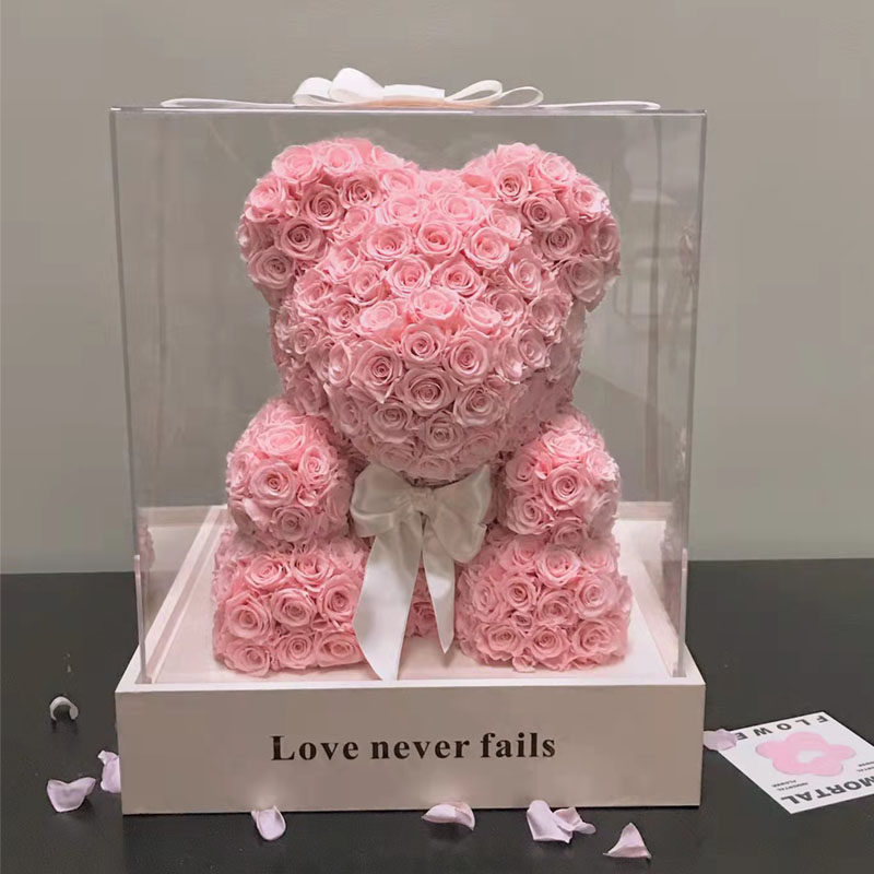 永生花小熊真玫瑰花礼盒干花抱抱熊摆件表白情人节送女友生日礼物