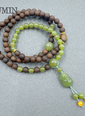 优米茵天然檀木玉石佛珠毛衣链