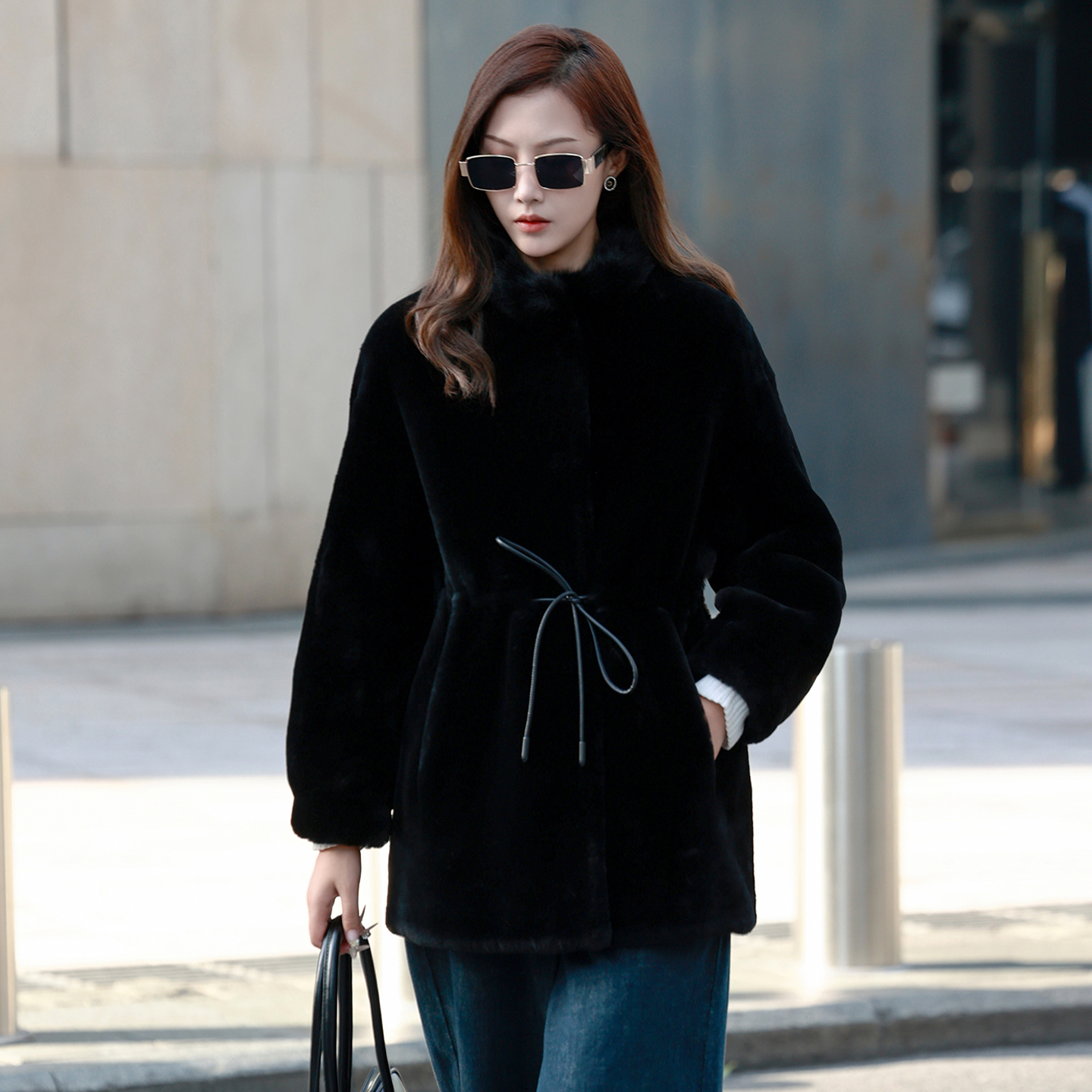 水貂毛领真皮毛一体外套女中长款