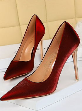 酒红色高跟鞋女细跟气质高级御姐性感超高跟浅口尖头单鞋2024新款