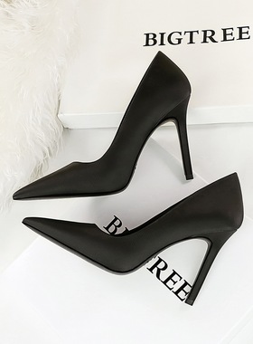 浅口通勤黑色高跟鞋女细跟气质名媛性感法式尖头单鞋女鞋纯色缎面