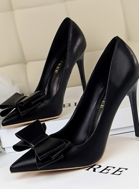 蝴蝶结春秋高跟鞋女士春秋细跟尖头气质名媛单鞋2024新款浅口鞋子