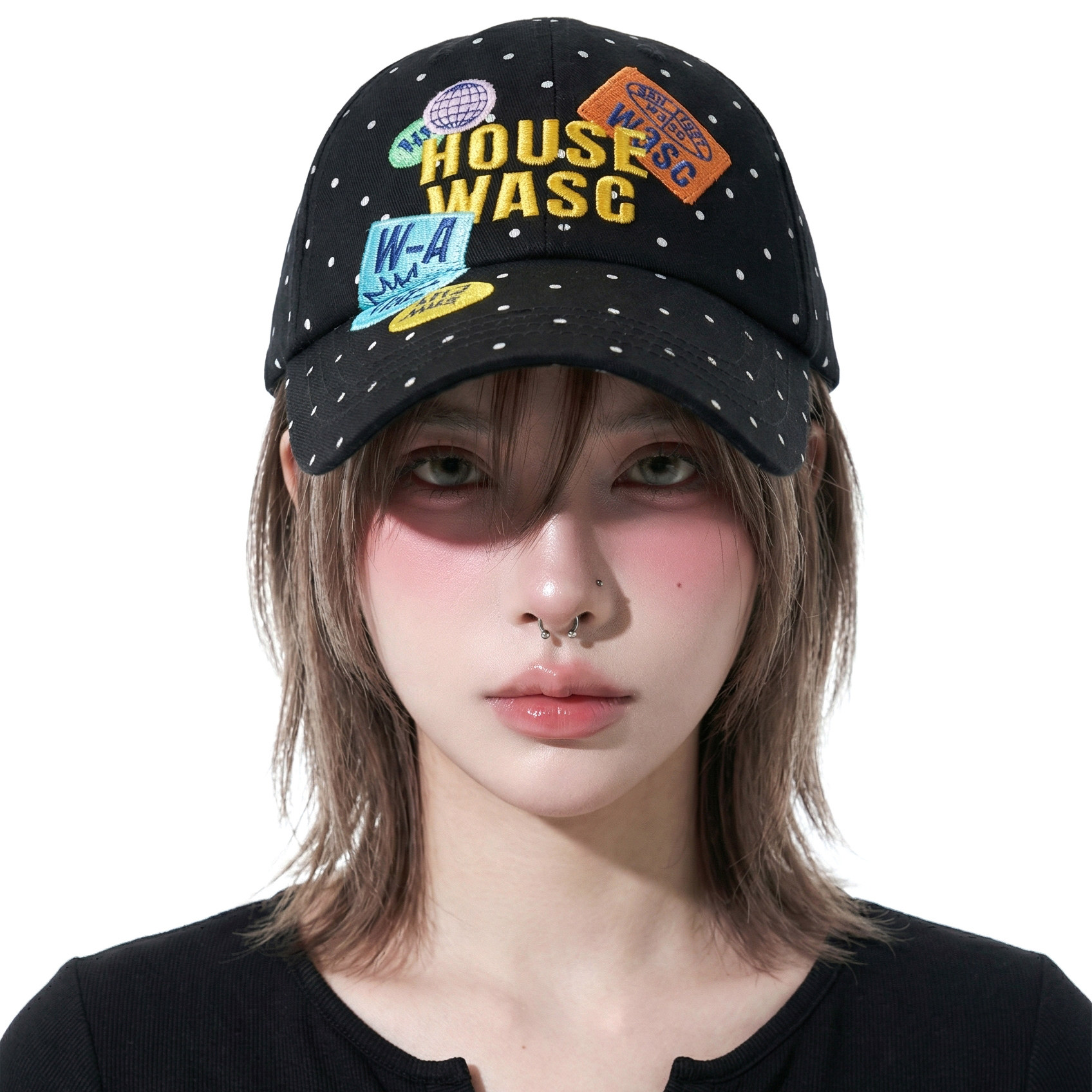 夏季新款波点刺绣棒球帽女黑色大头围显脸小宽檐防晒遮阳鸭舌帽子