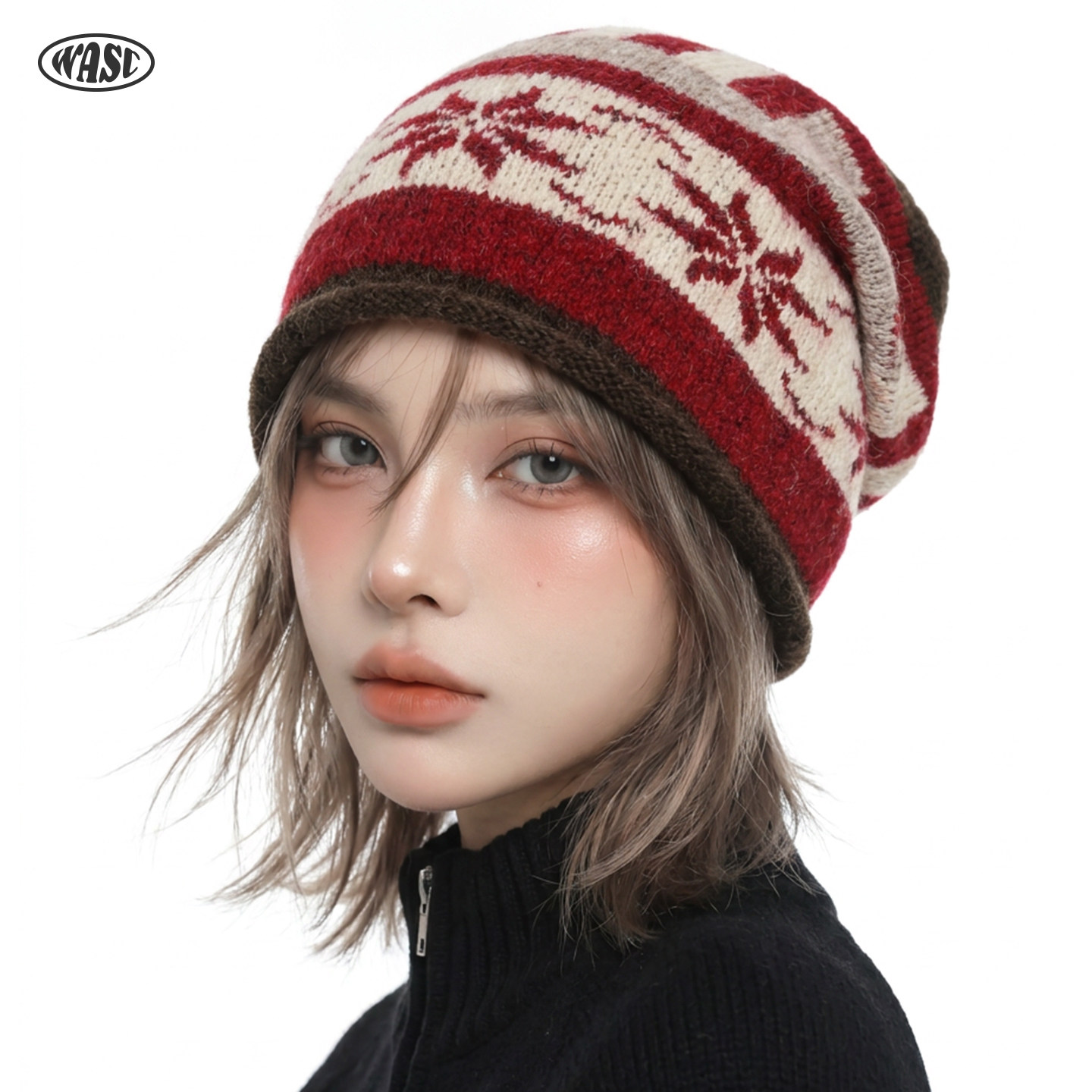 秋冬美式复古费尔岛提花冷帽女加绒卷边加厚保暖毛线堆堆针织帽子