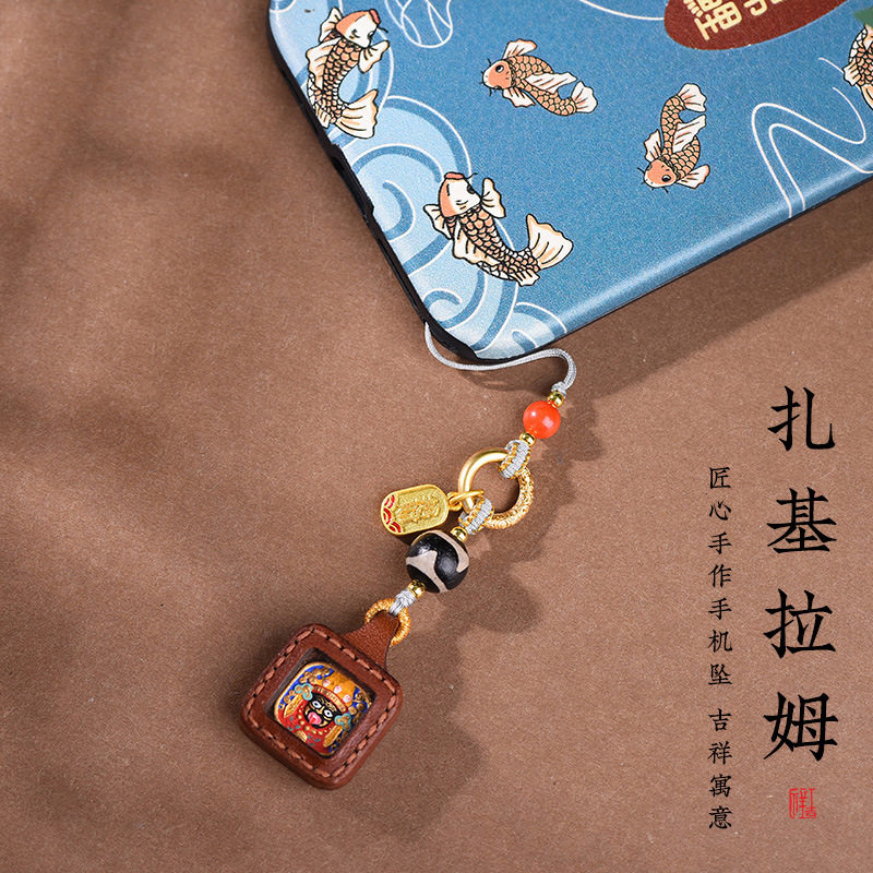 藏式手机挂件小方唐卡扎基拉姆手绘牛皮擦擦国潮文玩时尚饰品挂饰