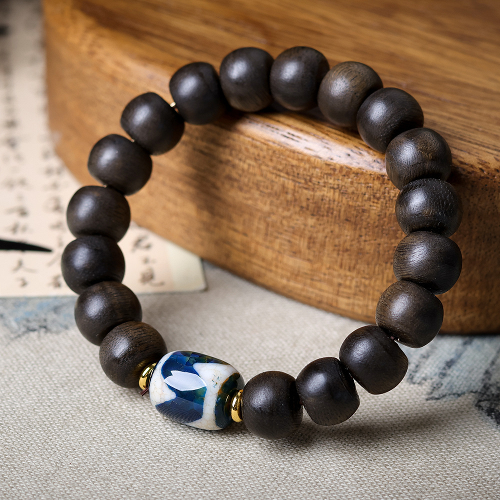 新款白奇楠木鼓珠手链原创蓝沁虎