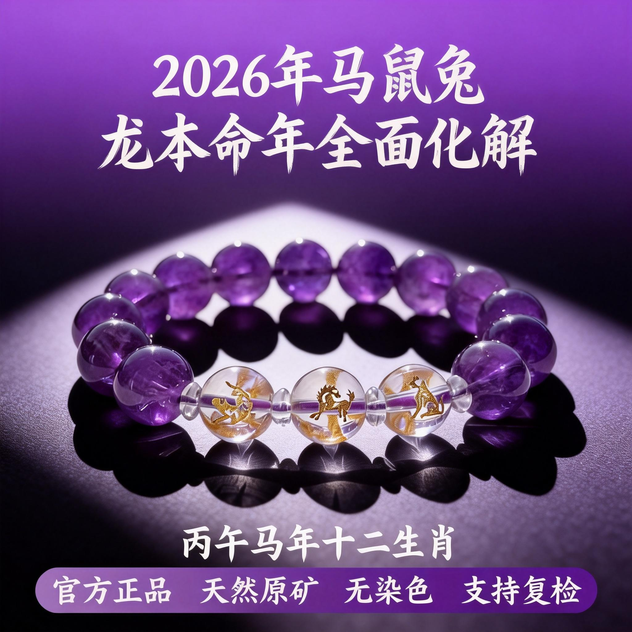 马虎狗三合贵人手串天然紫水晶手链本命年化解护身十二生肖男女